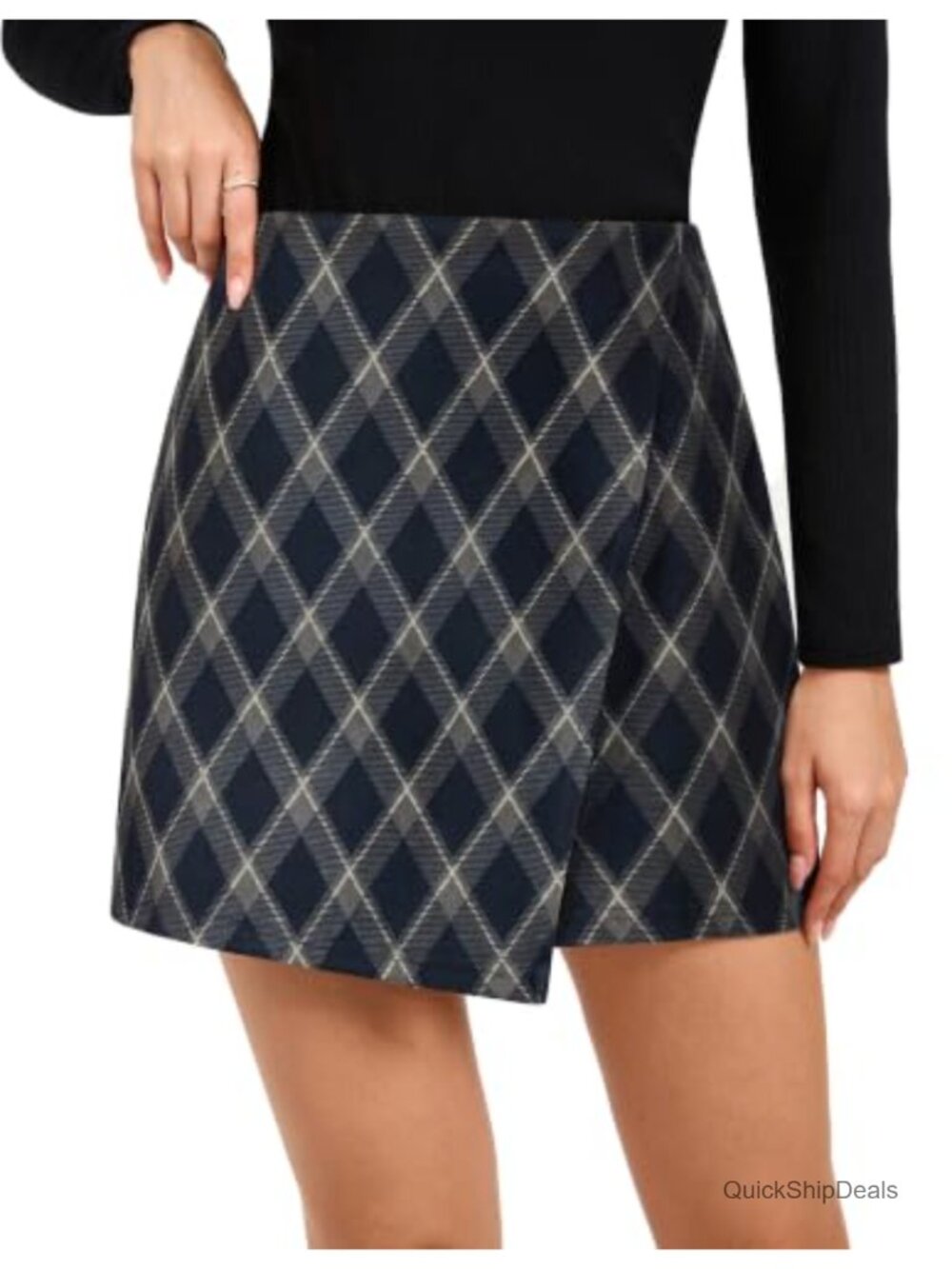 High Waisted Plaid Mini Skirt with Built-in Shorts A-Line Asymmetrical Wrap
